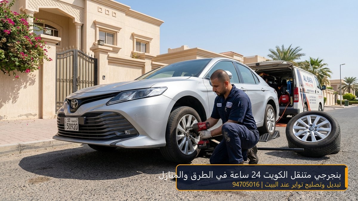 فني بنجرجي متنقل يقوم بتبديل وتصليح تاير سيارة أمام المنزل في الكويت 94705016