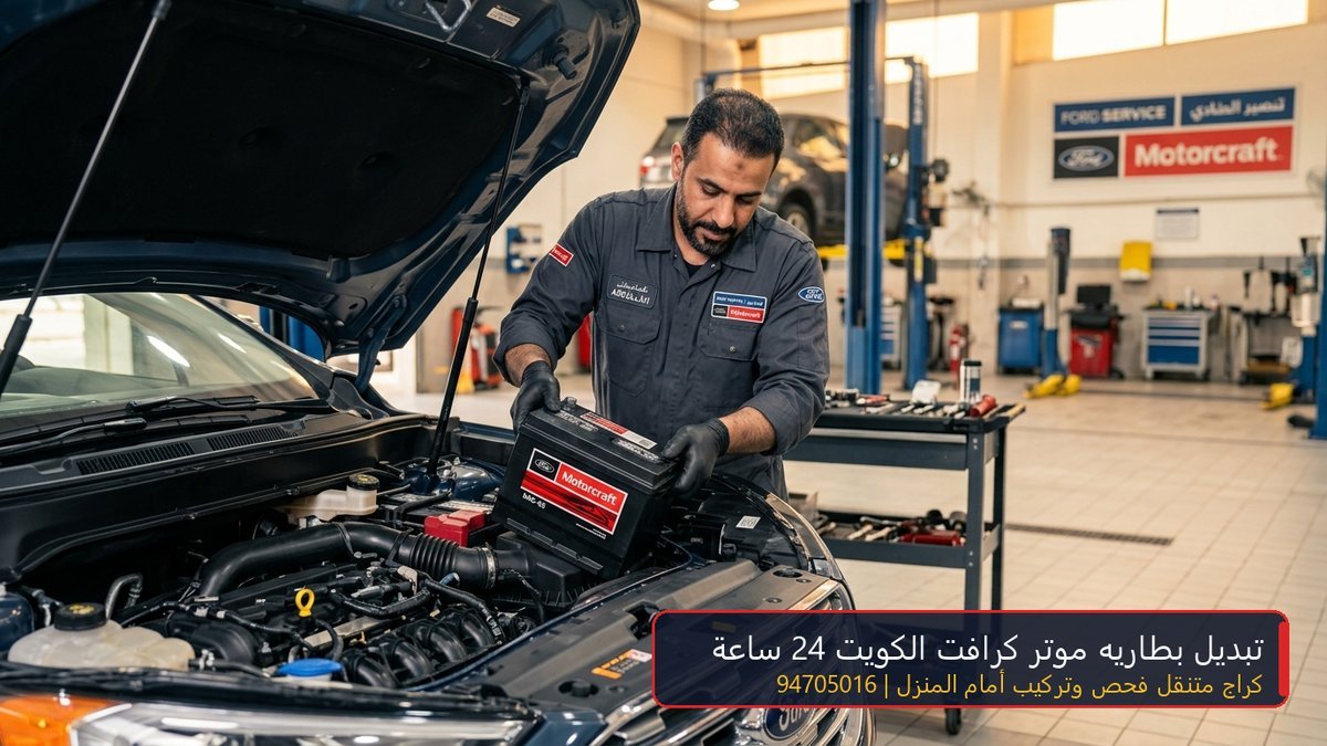 فني كراج متنقل يقوم بتركيب وتبديل بطاريه موتر كرافت الأصلية لسيارة في الكويت 94705016