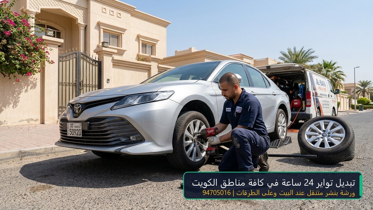 فني بنشر متنقل يقوم بتبديل تواير السيارة على الطريق في الكويت 24 ساعة 94705016