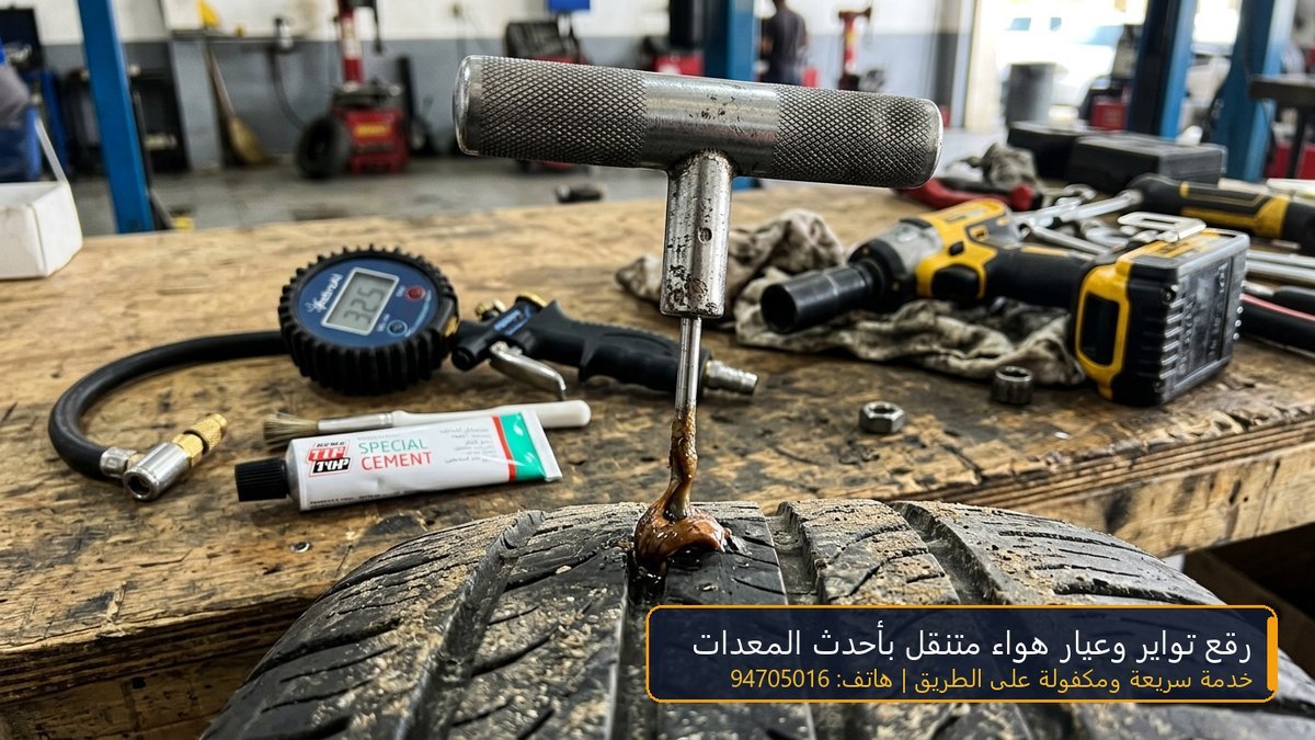 عملية رقع تواير تيوبلس وتصليح بنشر السيارة باحترافية في كراج متنقل الكويت 94705016
