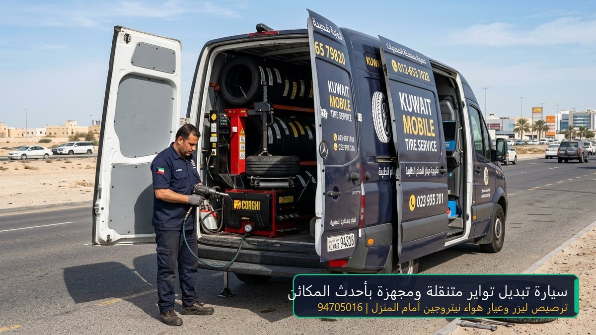 ورشة سيارة متنقلة مجهزة بأجهزة تبديل وتغيير تواير السيارات أمام المنزل في الكويت 94705016