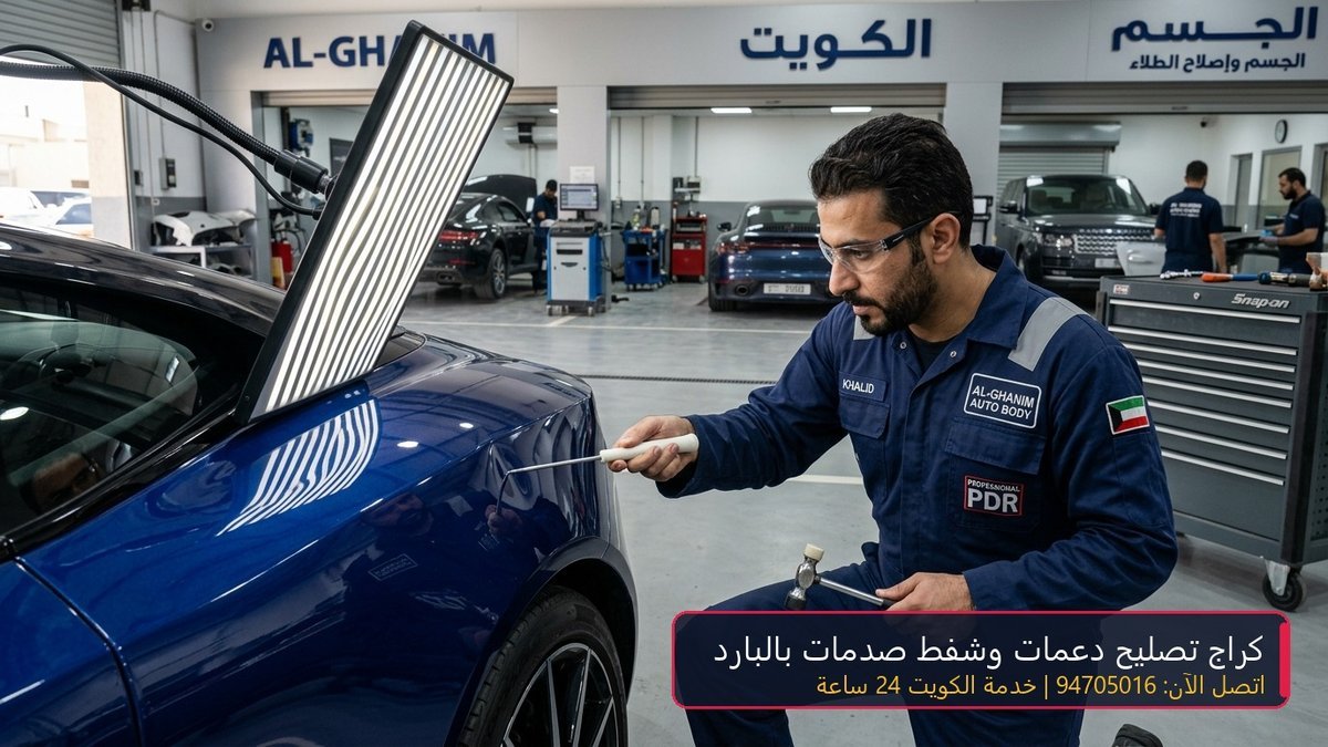 فني كراج تصليح دعمات يقوم بشفط وتعديل صدمة سيارة بالبارد بدون صبغ PDR في الكويت 94705016