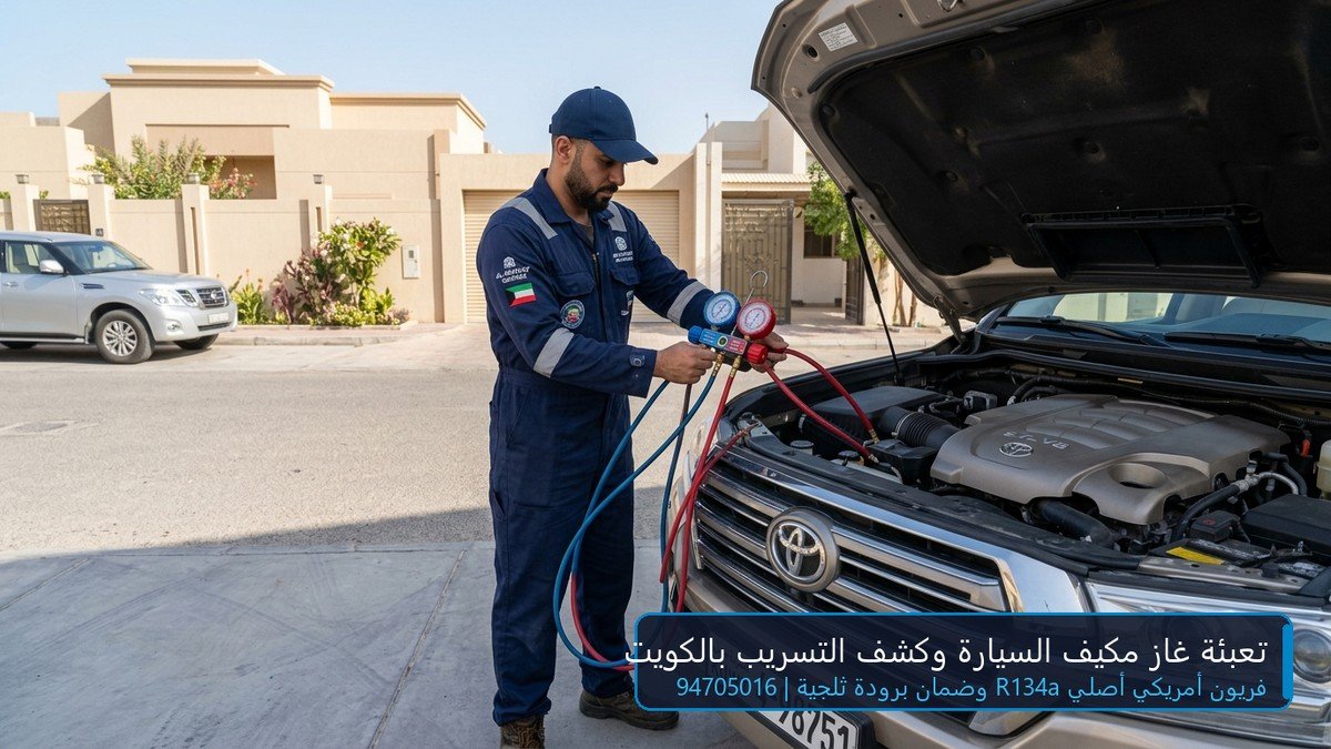 فني تكييف سيارات متنقل يقوم بتعبئة غاز فريون أمريكي أصلي وكشف تسريب التكييف في الكويت 94705016