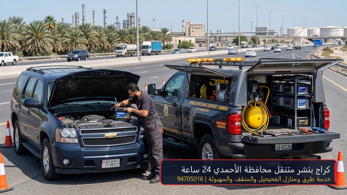كراج بنشر متنقل محافظة الأحمدي تصليح سيارات وتبديل تواير وبطاريات بالمنطقة العاشرة والفحيحيل والخيران 94705016