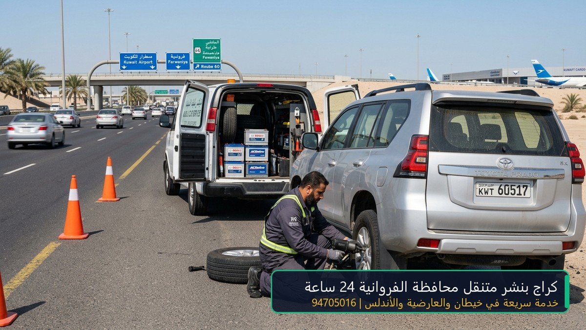 كراج بنشر متنقل محافظة الفروانية تصليح سيارات وتبديل تواير وبطاريات بالمطار والأفنيوز وخيطان والأندلس 94705016